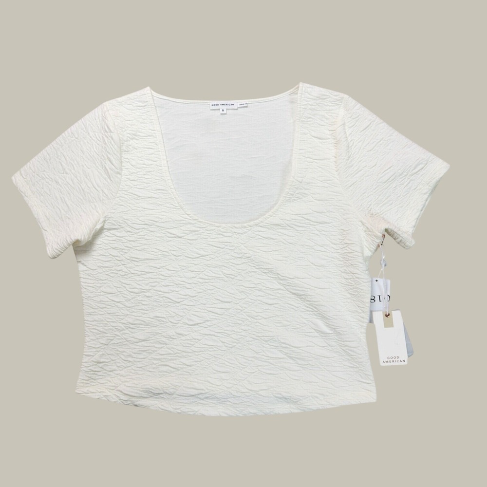 Good American White Textured Crinkle Scoop Neck Crop Top Tee Size 5 NEW